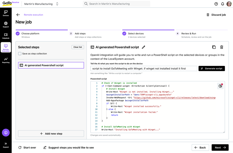 Screenshot of GoTo Resolve’s AI-powered script generator: Execute remote commands using simple, natural language instructions.