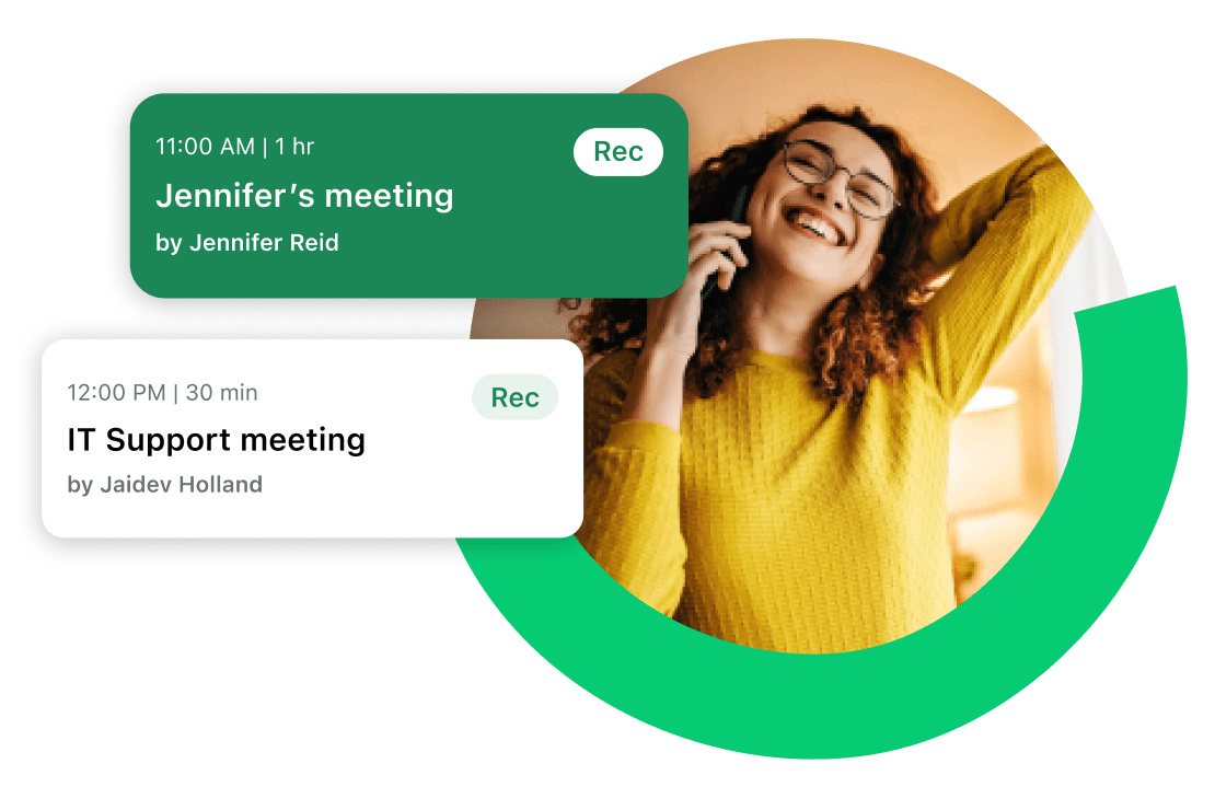 Schermata di uno smartphone con pagina iniziale di GoTo Connect che mostra le opzioni relative alle chiamate e alla segreteria, insieme ai dettagli principali di una riunione.