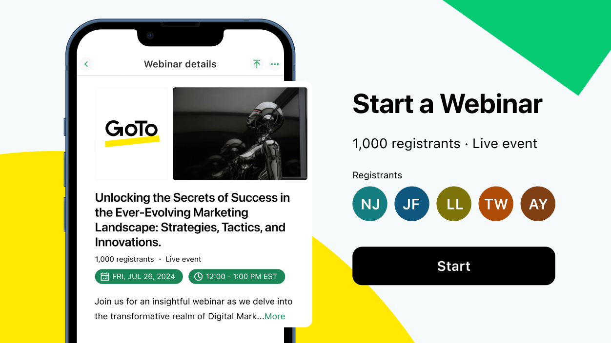 Démonstration de la capacité de l'utilisateur à organiser des sessions de webinaire n'importe où, sur n'importe quel appareil, grâce à GoTo Webinar.