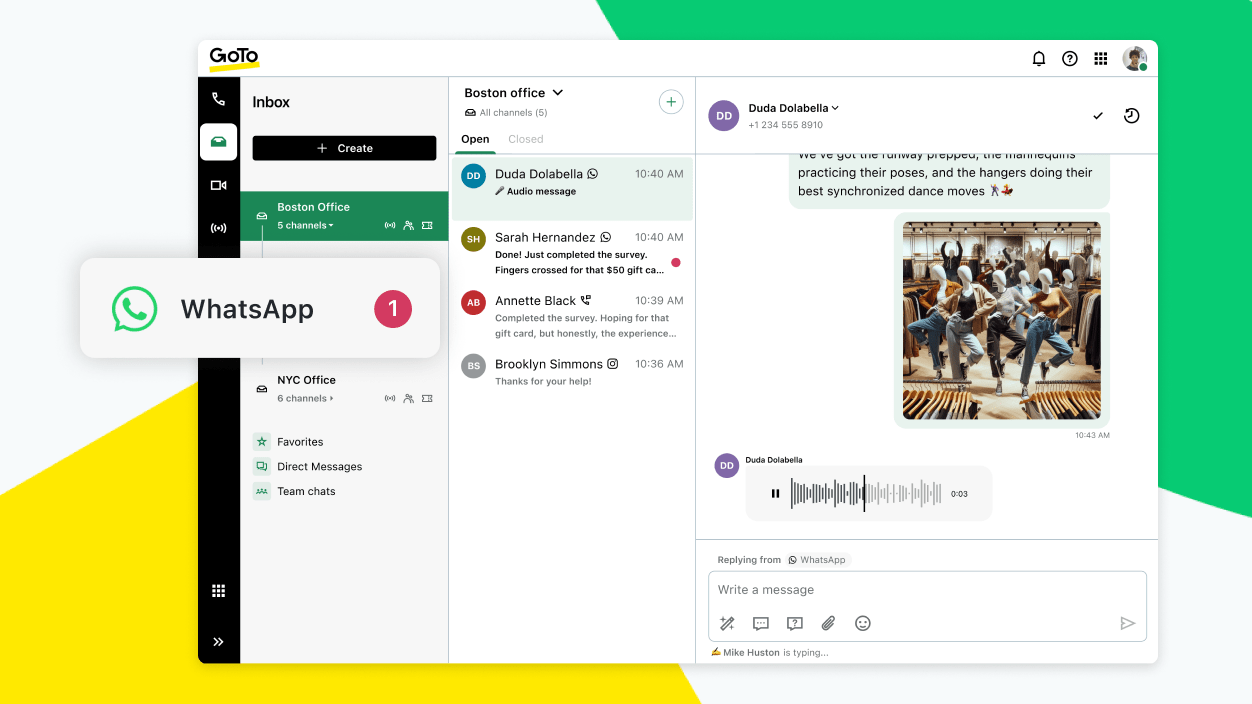 Écran présentant WhatsApp comme le dernier ajout à notre gamme multicanal et montrant comment entrer en contact avec les clients sur la plateforme de messagerie la plus populaire au monde.