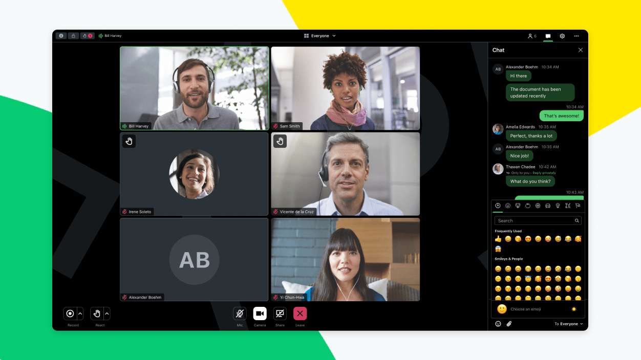 Scherm met een videoconferentie via GoTo Meeting en een vernieuwd chatpaneel met emoji’s.